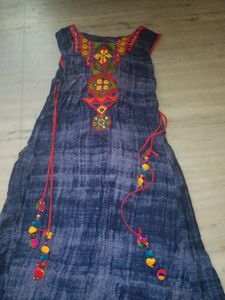 A-line Long Embroidered Kurta With Pompom Latkn