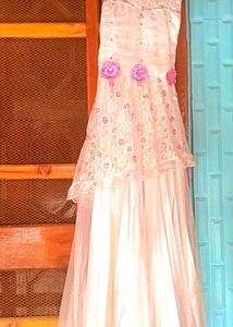 Floral White Embroidery Gown For Birthday Party