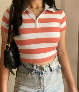 Striped Crop Polo Top