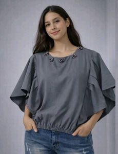 Stylish Gray Flutter Sleeve Top
