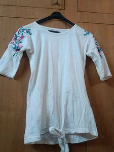 Floral Embroidered White Top With Tie