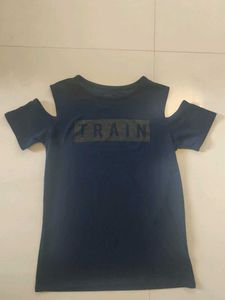 Navy Blue Cold-Shoulder T-Shirt with &#34;TRAIN&#34; Print
