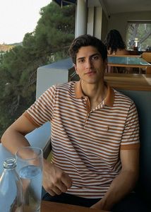 (Size~XL)Brown and white striped polo t-shirt🍋‍🟩