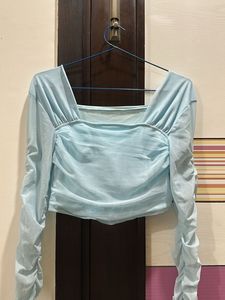 Blue Ruched Long Sleeve Top