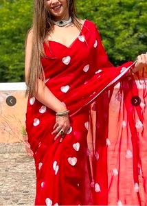 Red Heart Print Saree