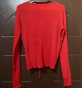 Ribbed Tie Detail Red Top