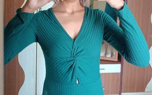 Ribbed Twist Detail Long Sleeve Bodycon Dress