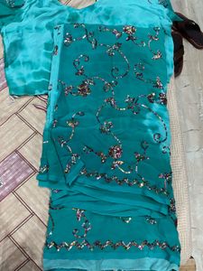 Teal Sequin Fabric Saree With Blouse