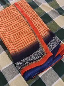&#34;Brand New Peach Check Cotton Saree | Contrast Bor