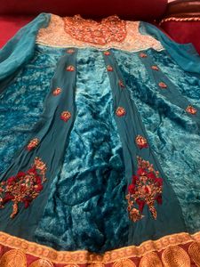 Zardozi Embroidered Teal Velvet Anarkali