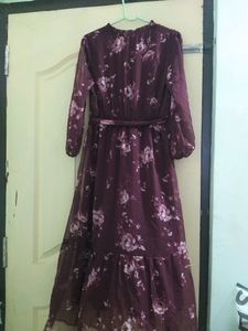 Wine Color Floral Print Long Dress