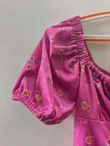 Pink Floral One-Piece Dress with Side Slit