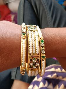Kundan + Moti Bangles ( Pair Of Both Hand&#39;s)