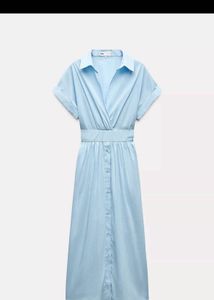 New One Zara Blue Short SleevesMidiShirt Dress