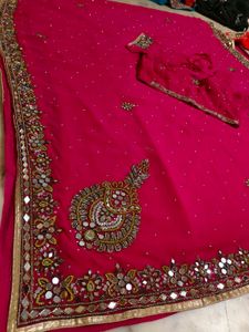 Pink  Mirror Work Saree With Blouse