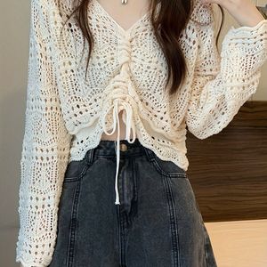 White Cottagecore Crochet Drawstring Blouse