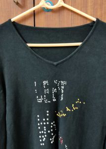 Black V-Neck Embellished T.Shirt