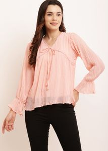 Peach Crinkle Tie-Neck Blouse