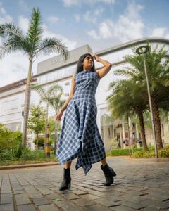 Handkerchief Hem Sleeveless Dress – Blue Checkered
