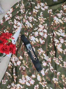 Floral Green Midi Dress With Hip Belt