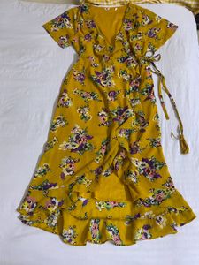 Floral Print Yellow Wrap Dress Fits S-M