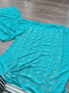 Teal Embroidered Dress Material