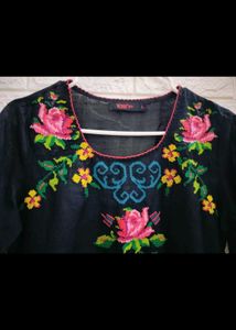 Floral Embroidered Black Top