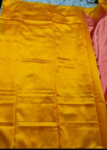 Coral Peach Saree With Yellow Contrast