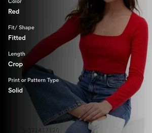 Square Neck Full Sleeve Casual Ribbed Top