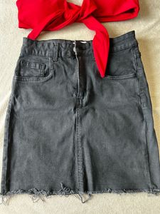 Red Top &amp; Black Denim Skirt