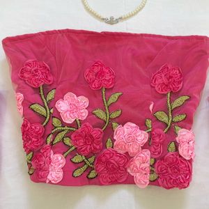 3D Rose Satin Corset Tube Top with Net Gloves