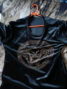 Versace Black Velvet Embellished Graphic T-Shirt