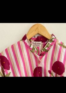 pink poppy print striped shirt