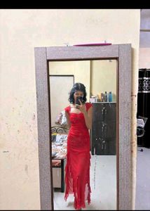 Elegant Red Ruffle Slit Gown