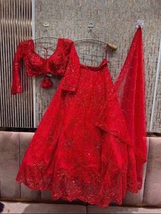 Red Embellished Lehenga Choli With Dupatta