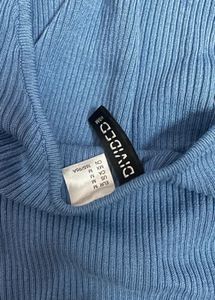 Blue Ribbed Knit Bell Sleeve Sweater