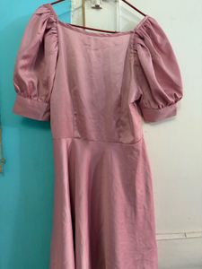 Pink Satin Puff Sleeve Dress