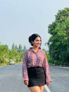 Floral Print Shirt &amp; Black Skirt