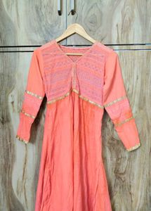 Coral Colour Cotton Long Designer Kurti Size-34