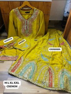 Elegant Yellow Embroidered Gharara Set