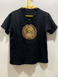 Designer Embroidered Black Pure Cotton Tee