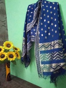 Navy Blue &amp; Silver Accent Scarf Women Duptta