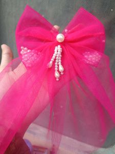 Pink Net Pearl Bow Clip