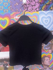 Black Ribbed Tie-Front Top