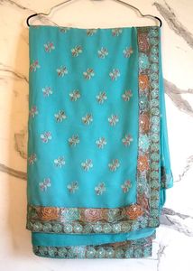 Teal Embroidered Saree Without blouse