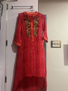 Red Embellished High-Low Kurti