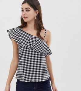 Gingham Ruffle One-Shoulder Top