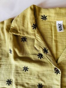 Lime Green Floral Embroidery Crop Shirt