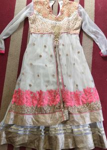 Elegant White &amp; Gold Embroidered Designer Anarkali