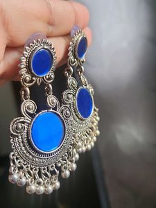 Blue Mirror Chandbali Earrings